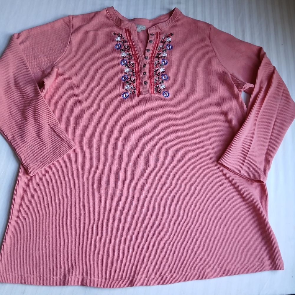 Woman Within Top 2x Embroidered Waffle Knit Henley Thermal Bohemian Layers Boho